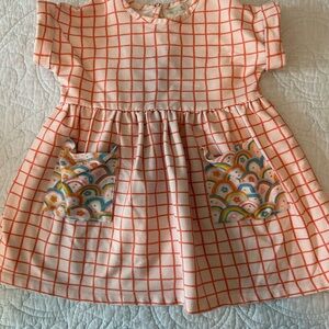 Vibrant Orange Checkered Kids Dress with Rainbow Pockets
